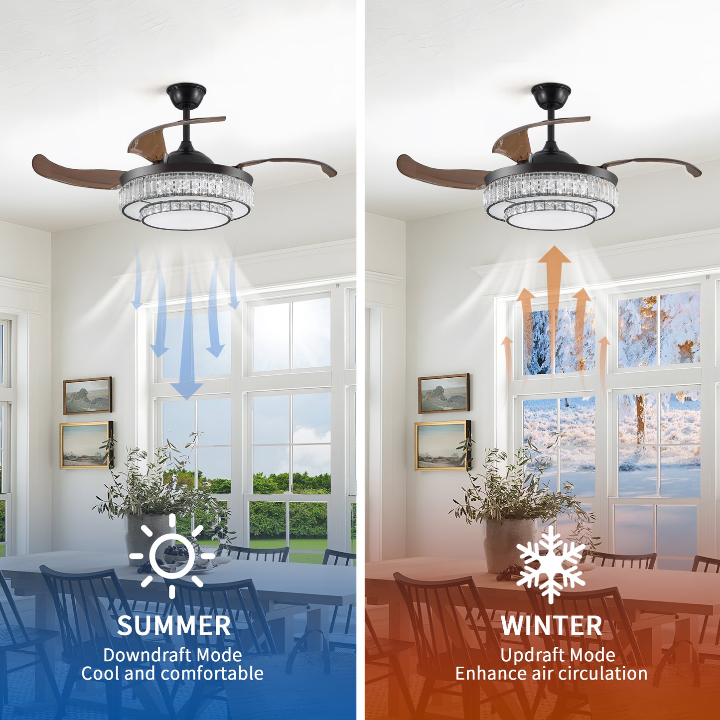 Modern LED retractable ceiling fan with lighting and remote control, silent reversible motor, 4-blade modern ceiling fan