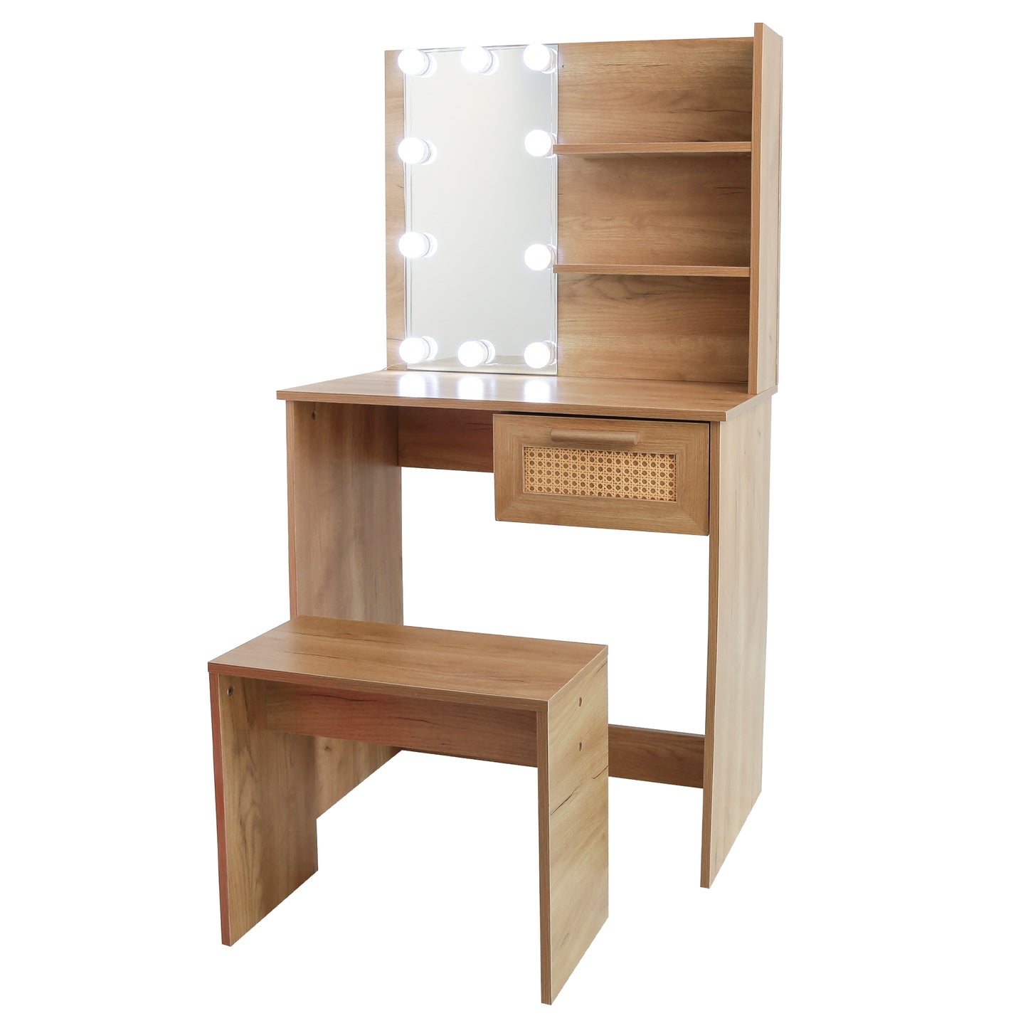 Vanity Desk Set Stool & Dressing Table with LED Lighting Mirror Drawer and Wood Cosmetic Table Chest of Drawers Nature Color