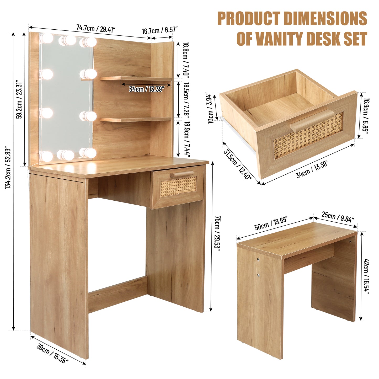 Vanity Desk Set Stool & Dressing Table with LED Lighting Mirror Drawer and Wood Cosmetic Table Chest of Drawers Nature Color