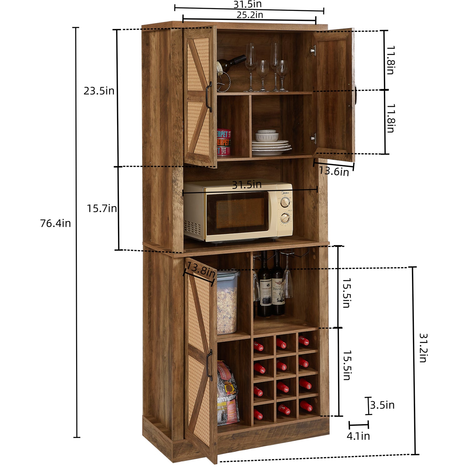 76-Inch Tall Rustic Oak Color Farmhouse Kitchen Faux Rattan Wine Cabinet, Kitchen Bar Cabinet with Square Compartments