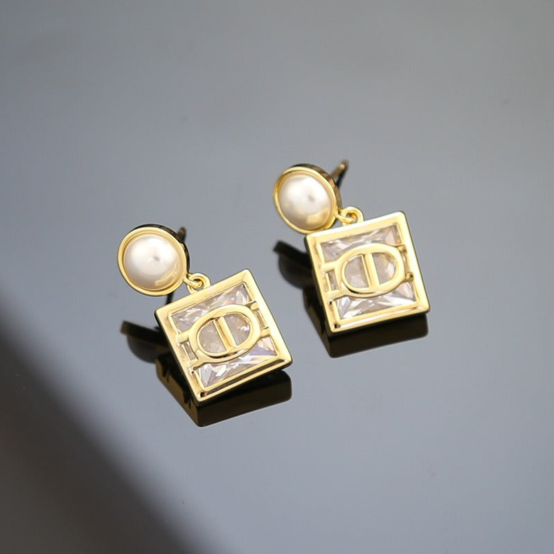 Zircon Pearl Square Earrings with High Grade, Light Luxury Style and Silver Needle Earrings