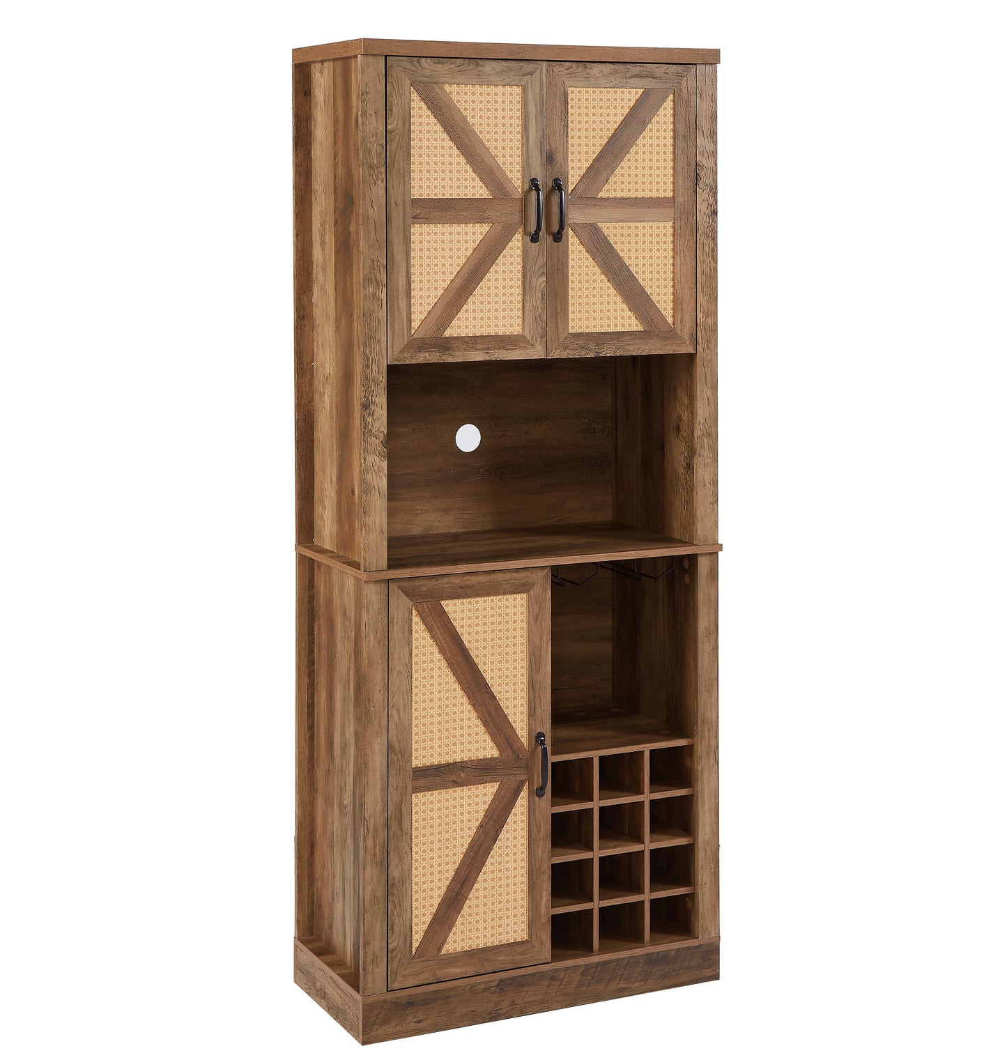 76-Inch Tall Rustic Oak Color Farmhouse Kitchen Faux Rattan Wine Cabinet, Kitchen Bar Cabinet with Square Compartments