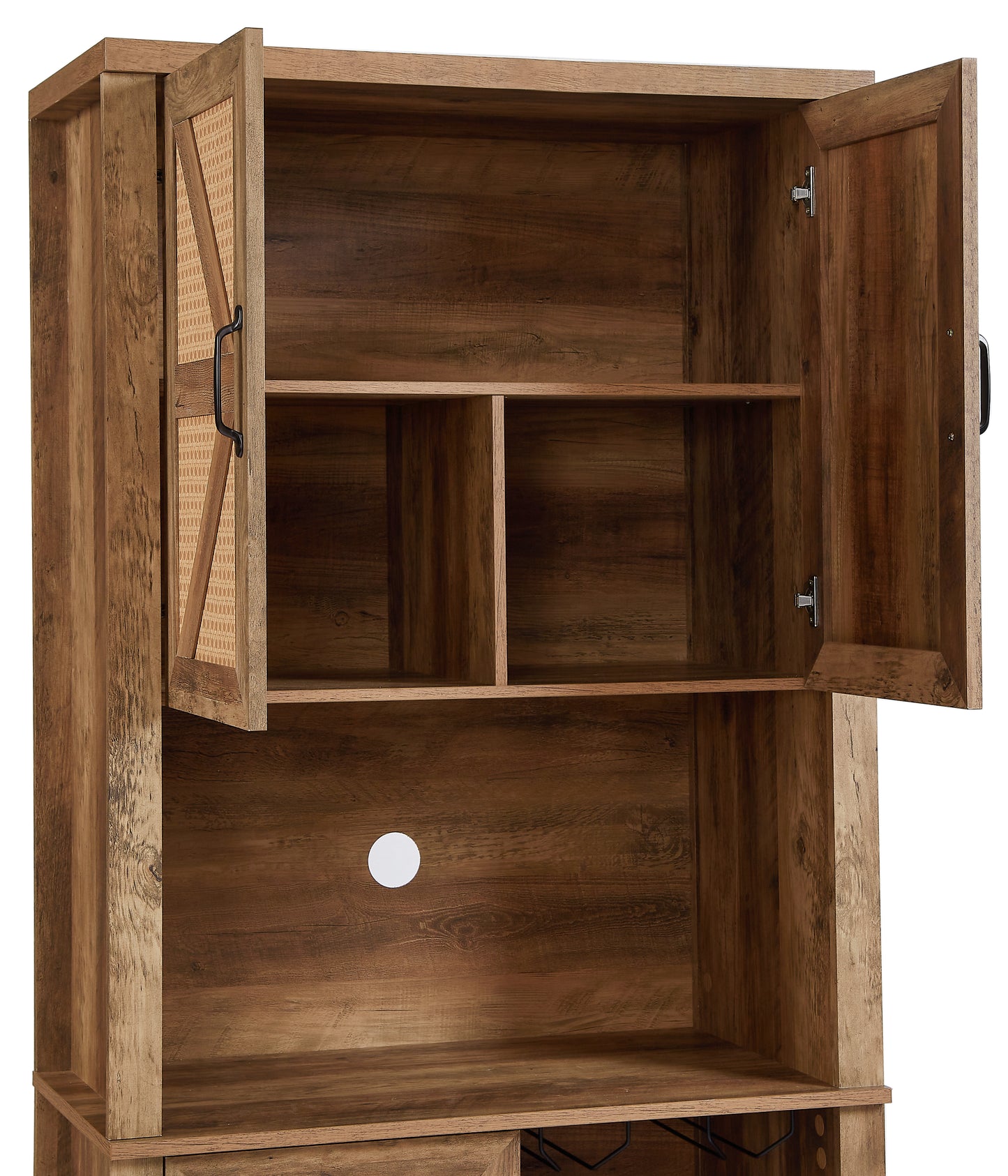 76-Inch Tall Rustic Oak Color Farmhouse Kitchen Faux Rattan Wine Cabinet, Kitchen Bar Cabinet with Square Compartments