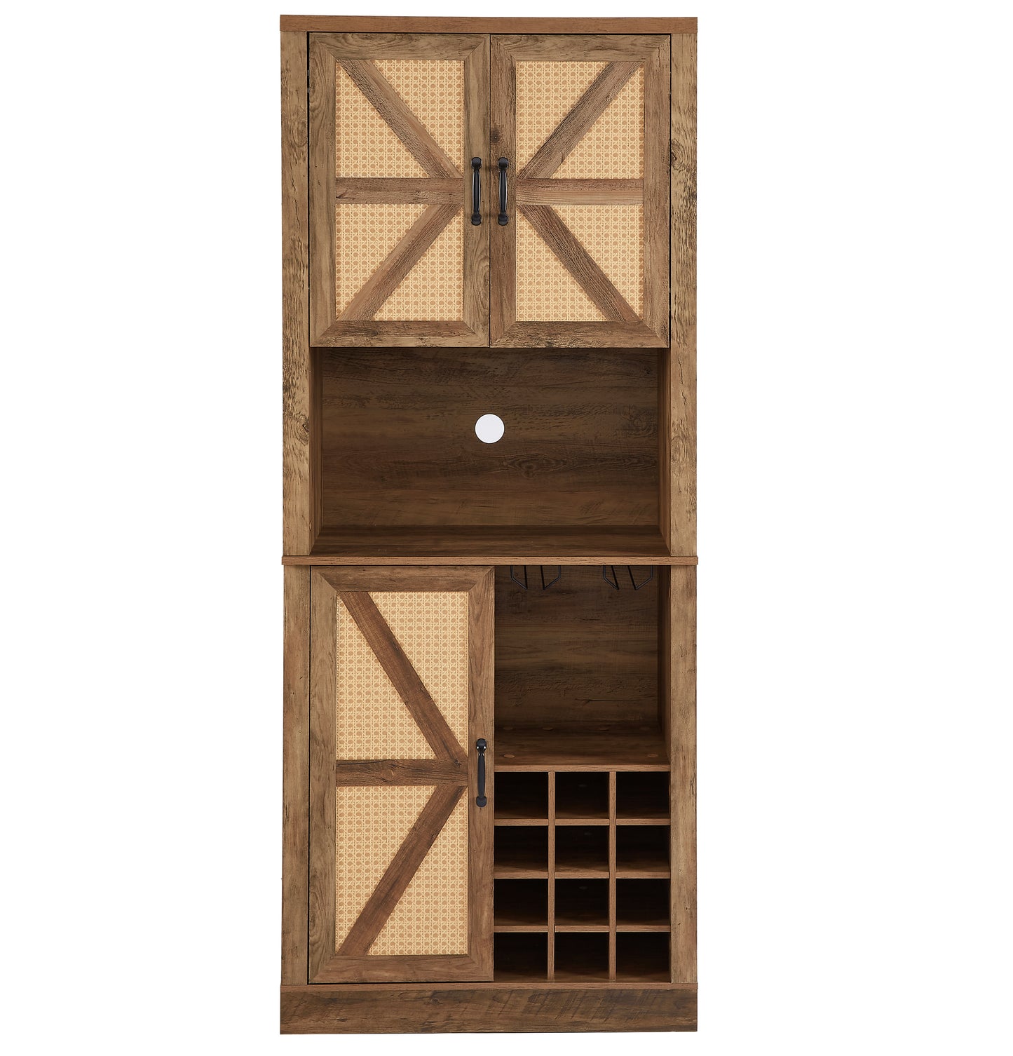 76-Inch Tall Rustic Oak Color Farmhouse Kitchen Faux Rattan Wine Cabinet, Kitchen Bar Cabinet with Square Compartments