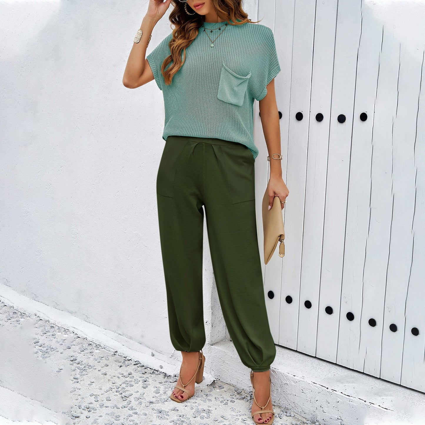 Women's Spring/Summer Casual Solid Color Woolen Pants Set