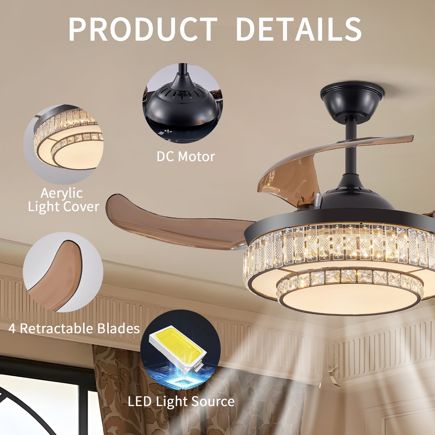 Modern LED retractable ceiling fan with lighting and remote control, silent reversible motor, 4-blade modern ceiling fan