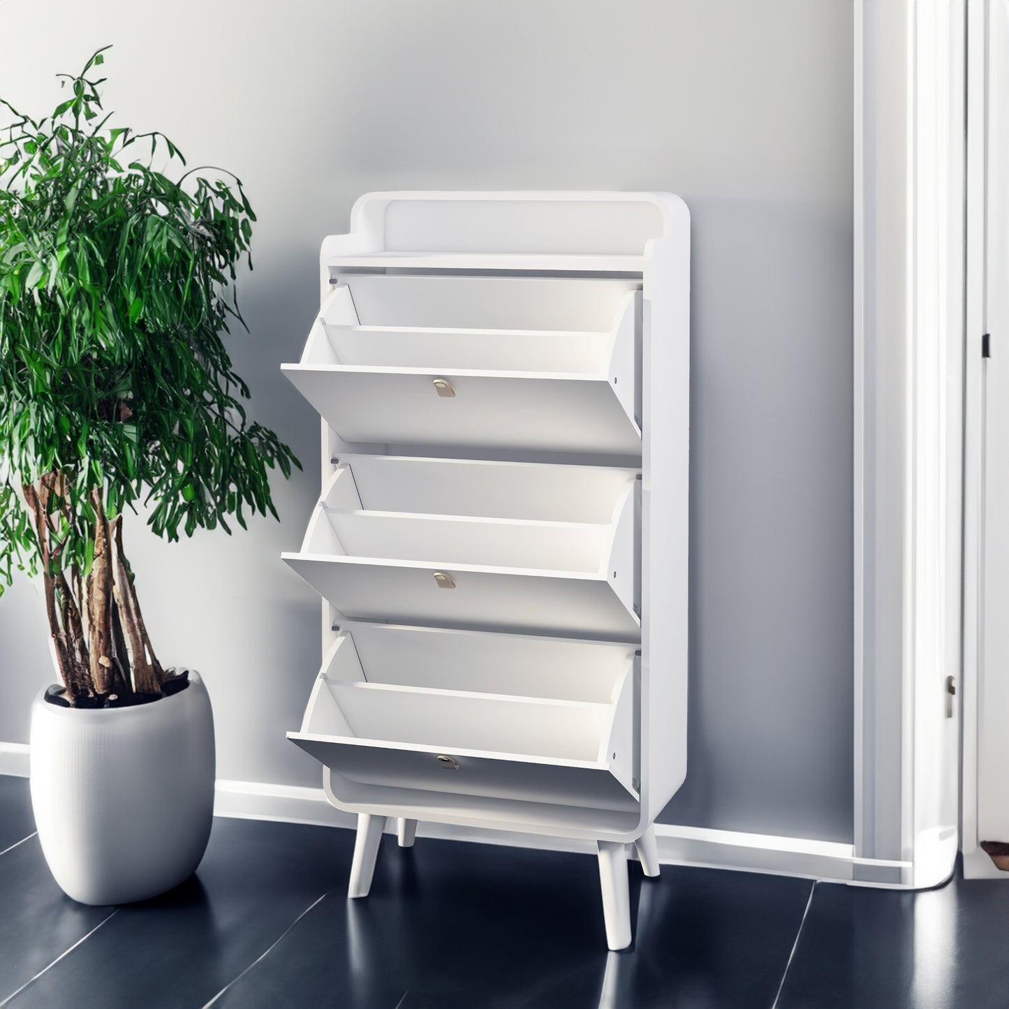 Modern Arc Design Shoe Cabinet With 3 Drawers,Shoe Storage Cabinet for Entryway,Outdoor,White Finish