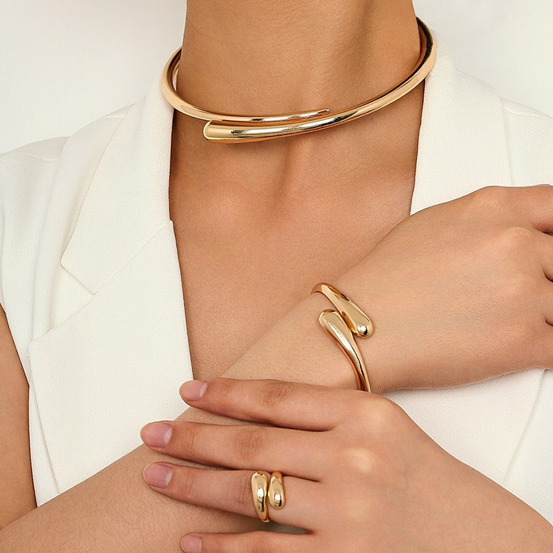 Minimalist Heavy Metal Geometric Ring Smooth Women's Necklace Bracelet Ring Jewelry Set