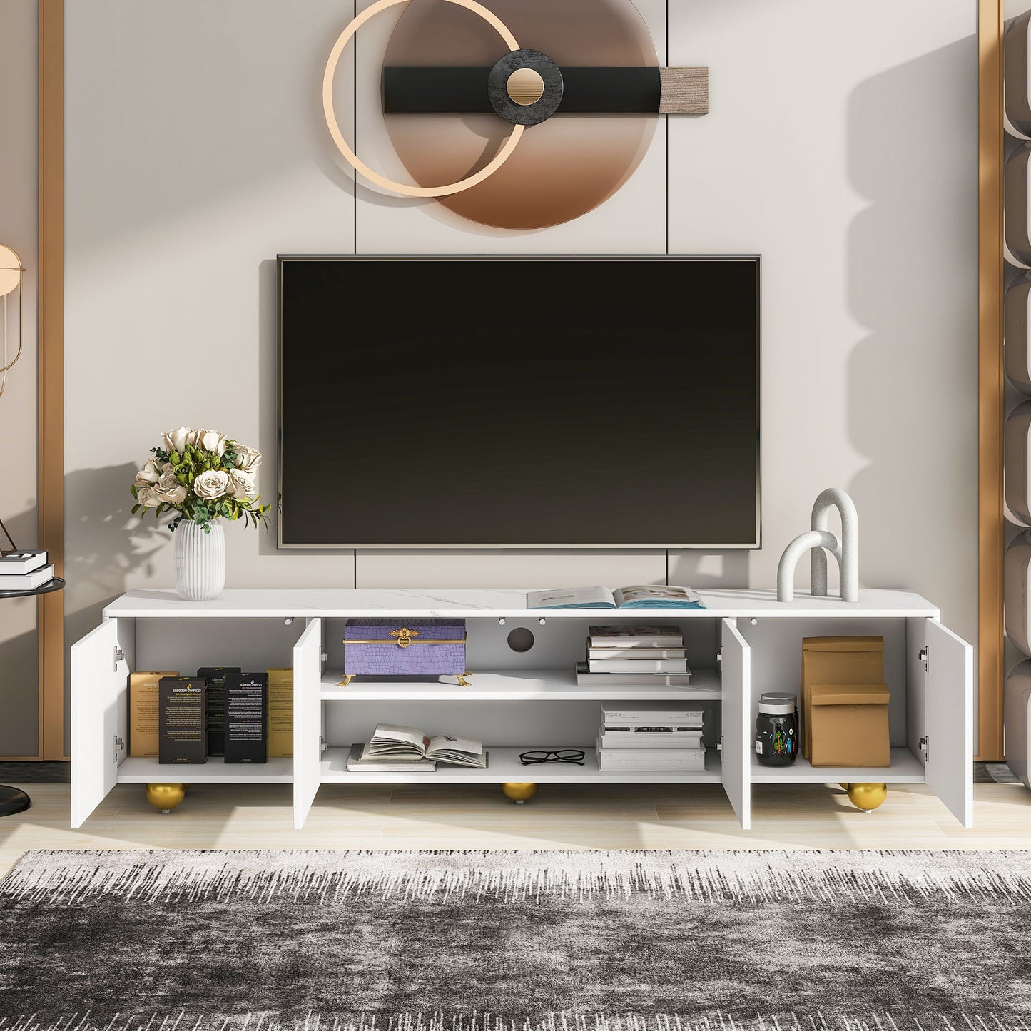 The U-Can modern TV stand is suitable for TVs up to 75 inches with storage cabinets and 1 adjustable marble and metal stand