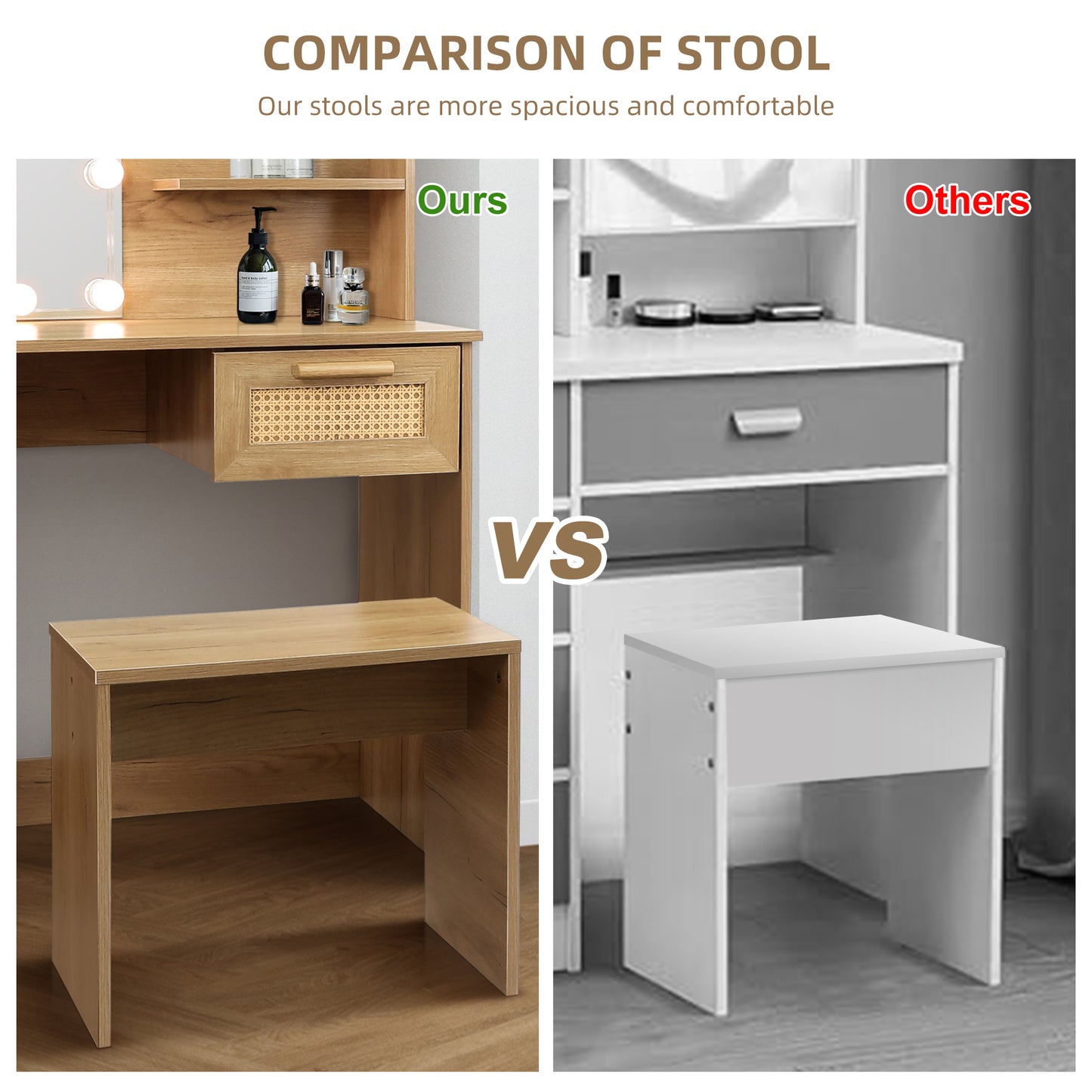 Vanity Desk Set Stool & Dressing Table with LED Lighting Mirror Drawer and Wood Cosmetic Table Chest of Drawers Nature Color