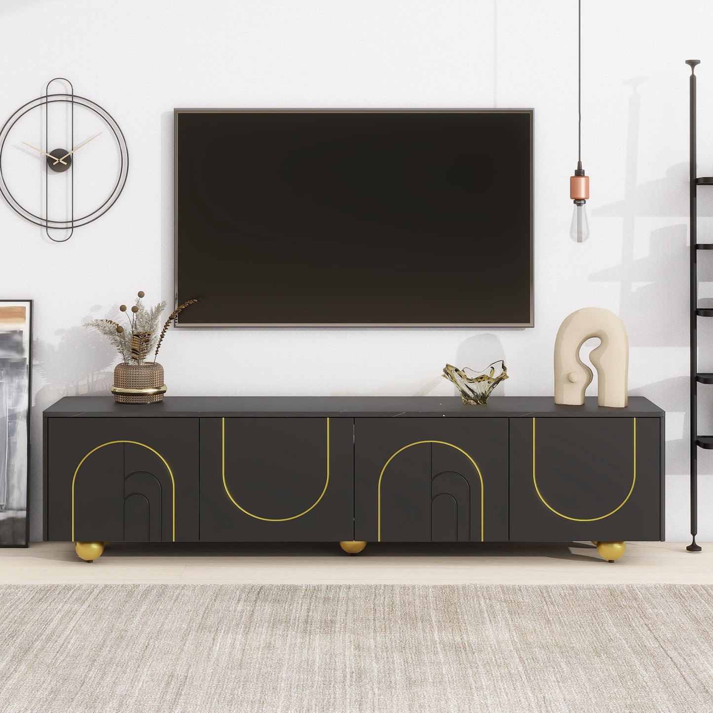 U-Can modern TV stand is suitable for TVs under 75 inches and comes with a storage cabinet top marble pattern and circular stand