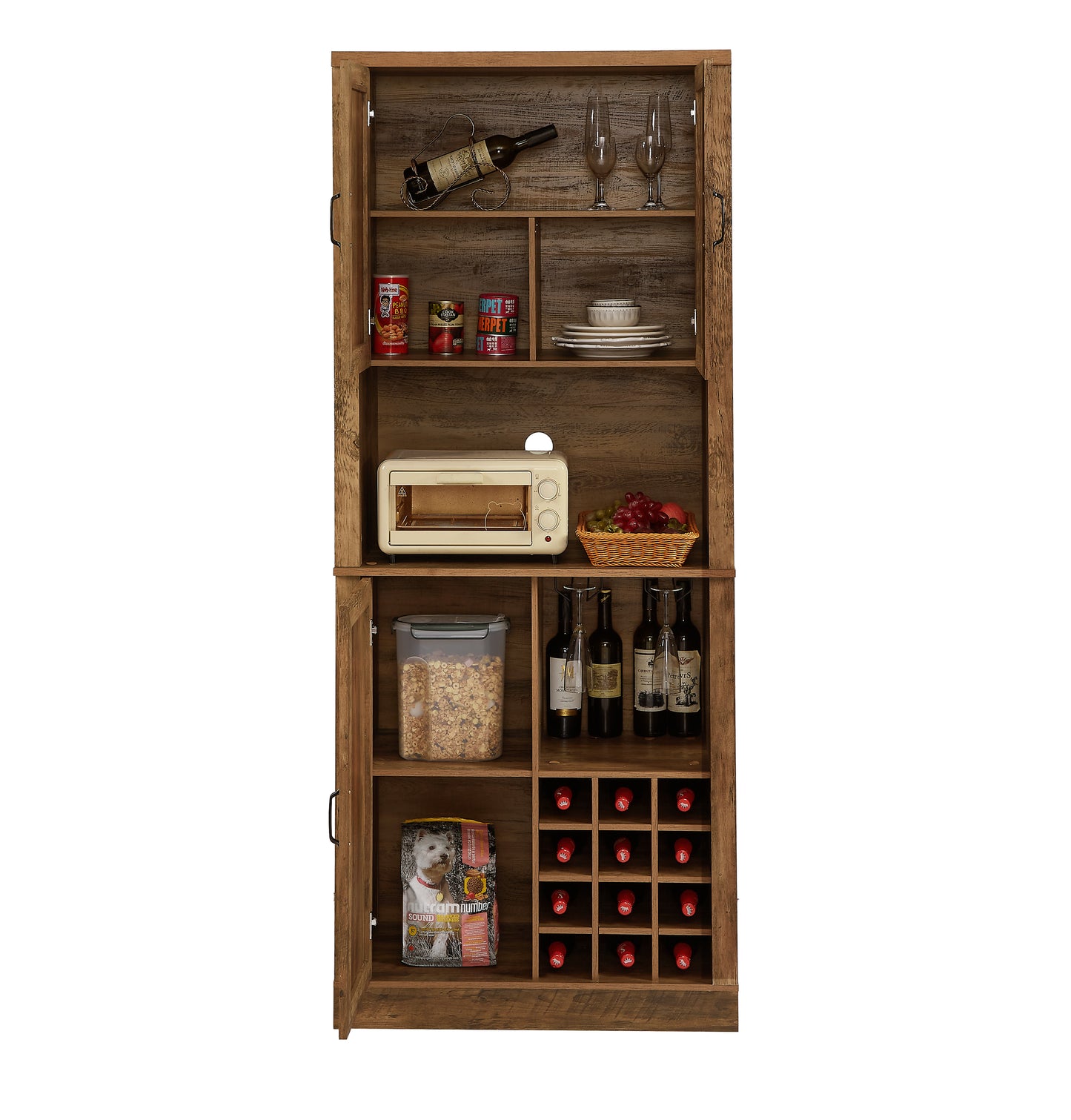 76-Inch Tall Rustic Oak Color Farmhouse Kitchen Faux Rattan Wine Cabinet, Kitchen Bar Cabinet with Square Compartments