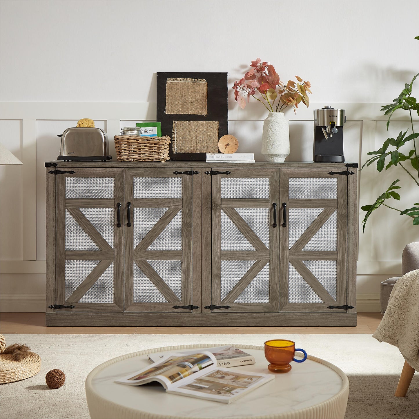 65-Inch Slate Gray Faux Rattan Sideboard with Barn Doors Rustic Sideboard, 4-Door Storage for Living Room, Entryway, Bedroom