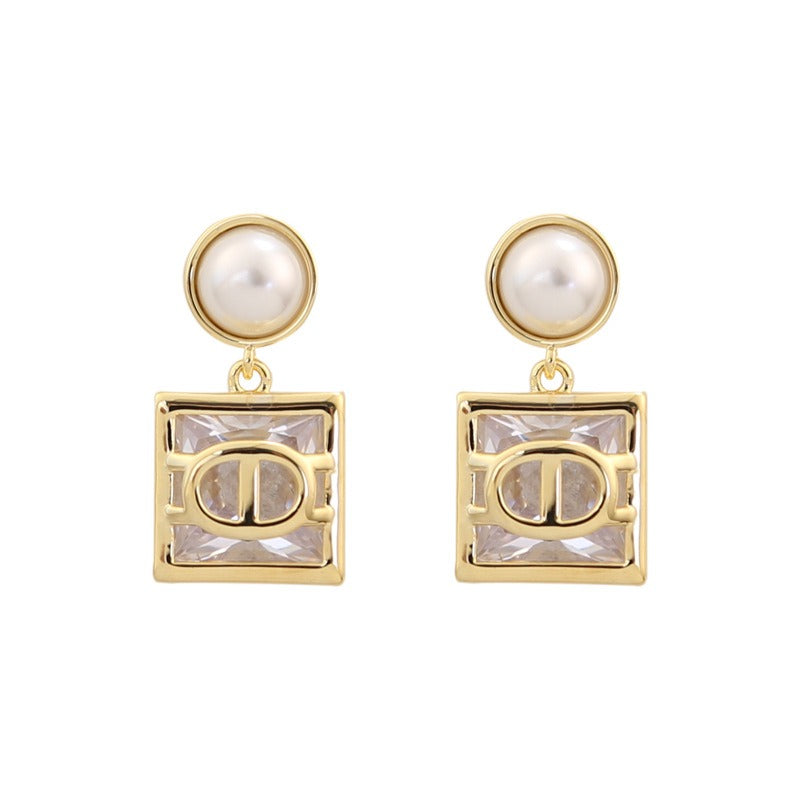 Zircon Pearl Square Earrings with High Grade, Light Luxury Style and Silver Needle Earrings