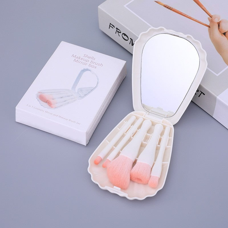 5 shells with mirror powder blusher brush powder brush portable mini combination beauty travel tool