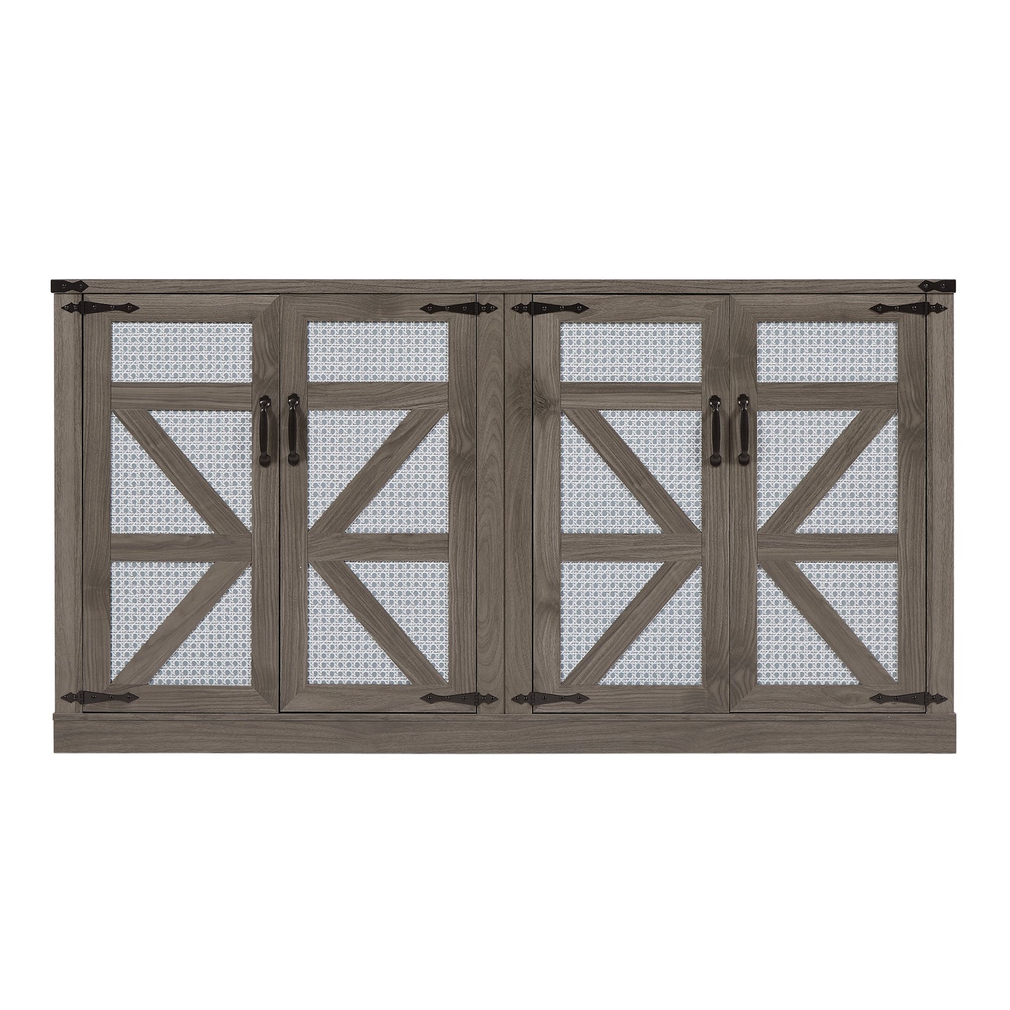 65-Inch Slate Gray Faux Rattan Sideboard with Barn Doors Rustic Sideboard, 4-Door Storage for Living Room, Entryway, Bedroom