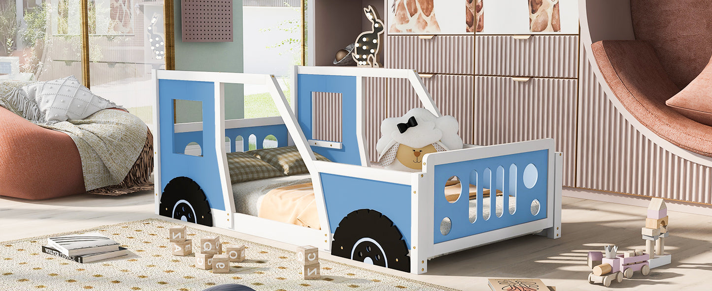 Twin Size Classic Car-Shaped Platform Bed with Wheels Blue