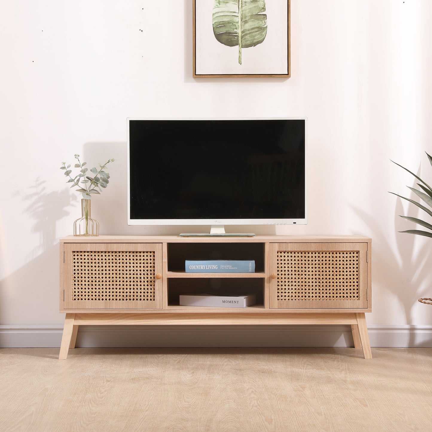 SUPERJARE Boho TV Stand for 55 Inch TV, Entertainment Center with Adjustable Shelf,Real Rattan TV Console with 2 Cabinets