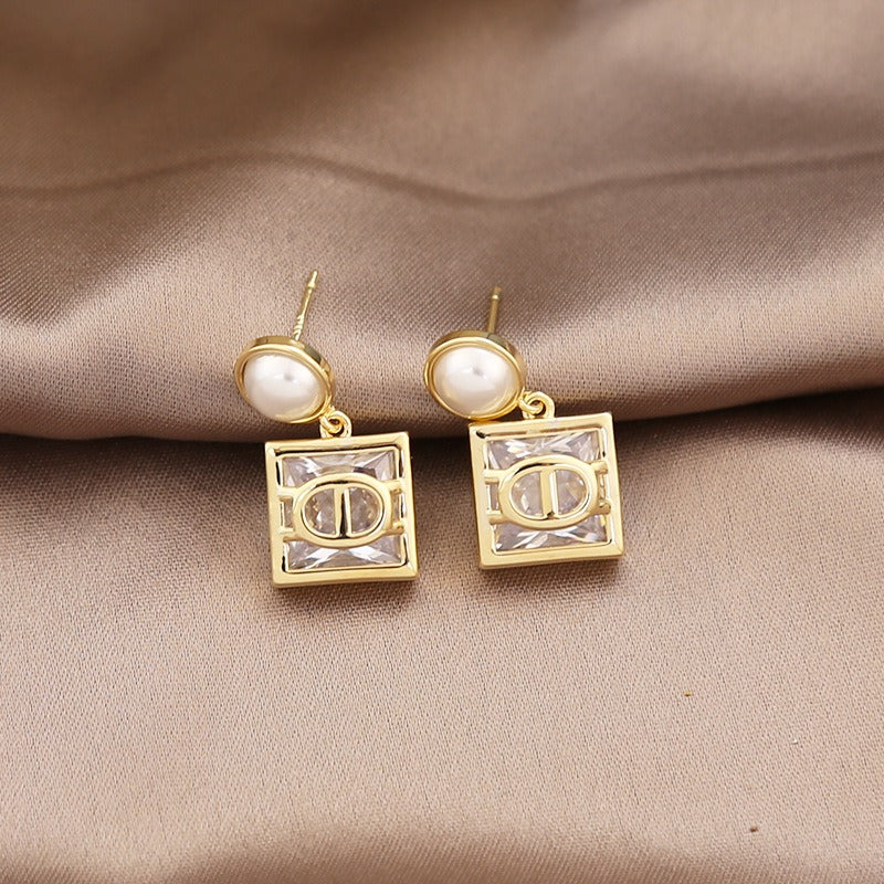 Zircon Pearl Square Earrings with High Grade, Light Luxury Style and Silver Needle Earrings