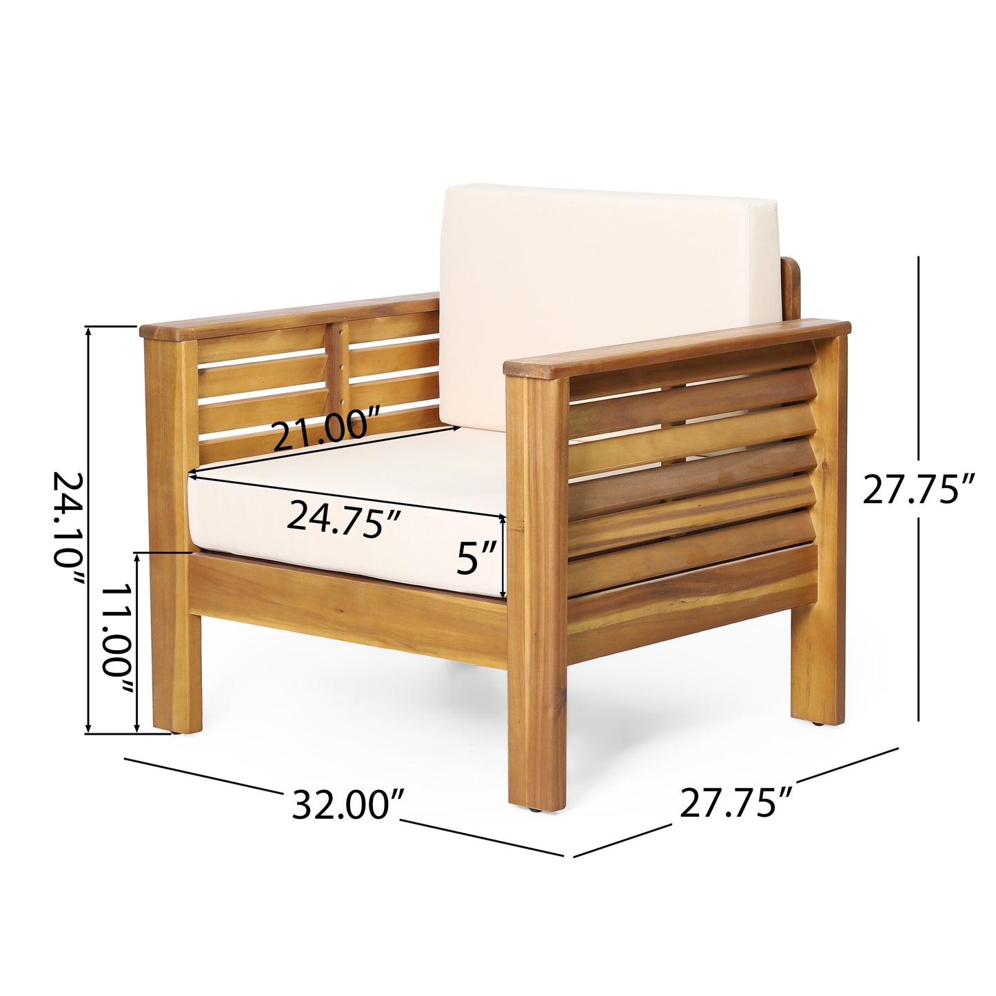 ( Set of 2) Outdoor Acacia Wood Club Chairs with Cushions, Teak+Beige, 27.75"D x 32"W x 27.75"H