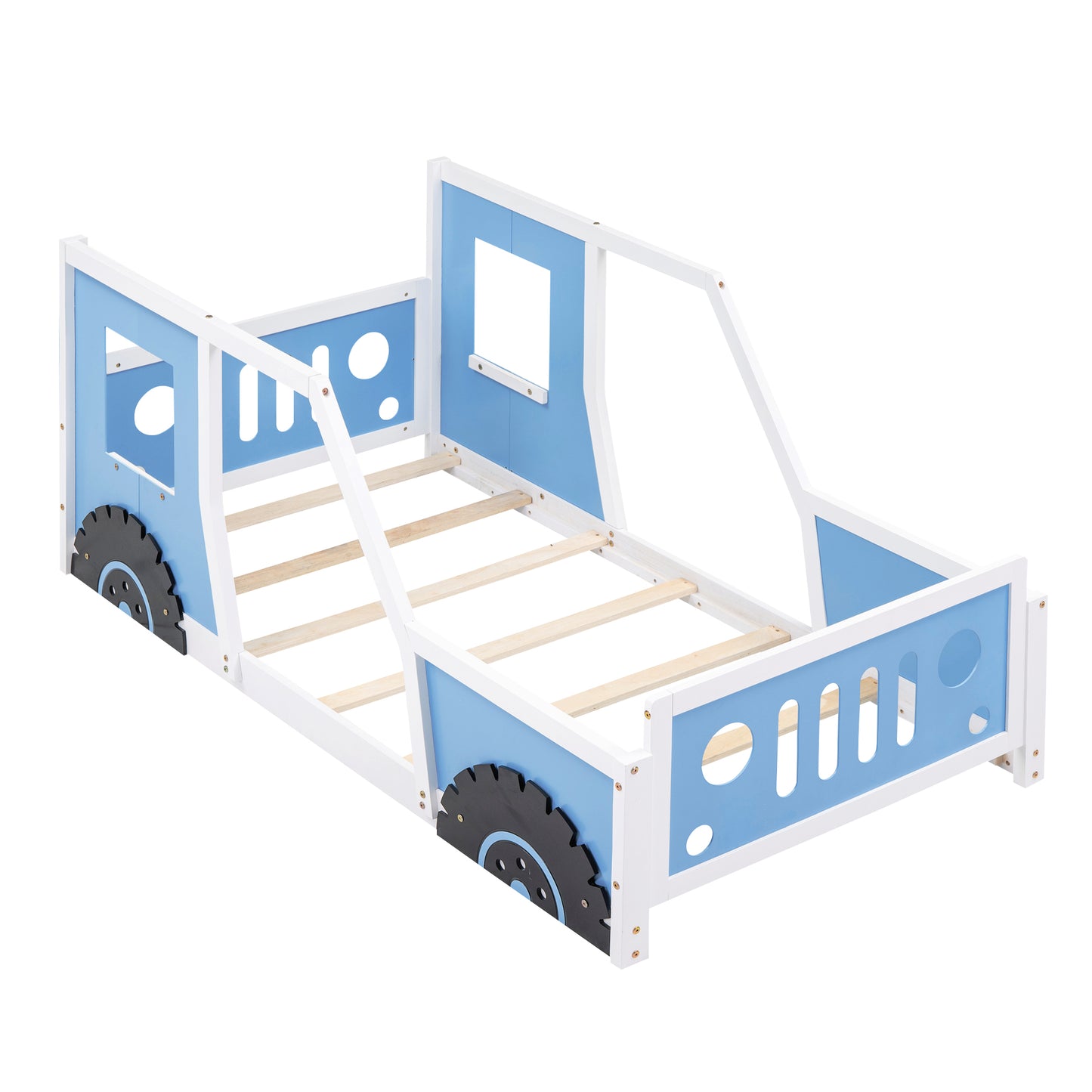 Twin Size Classic Car-Shaped Platform Bed with Wheels Blue