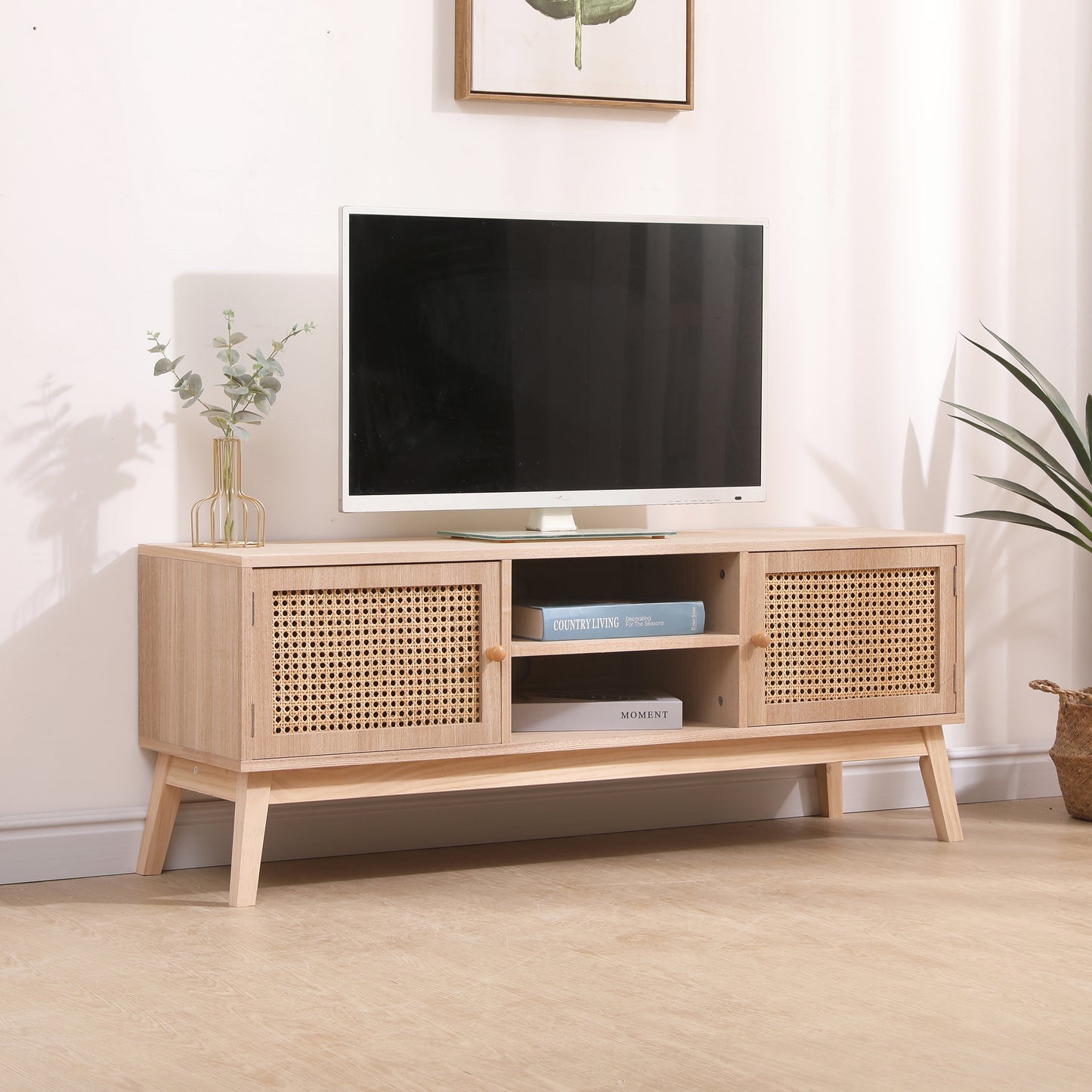 SUPERJARE Boho TV Stand for 55 Inch TV, Entertainment Center with Adjustable Shelf,Real Rattan TV Console with 2 Cabinets