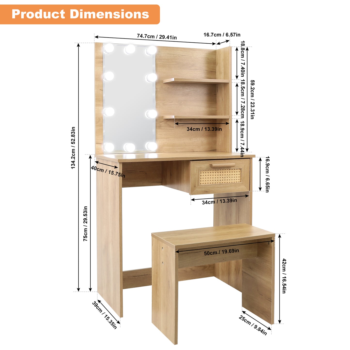 Vanity Desk Set Stool & Dressing Table with LED Lighting Mirror Drawer and Wood Cosmetic Table Chest of Drawers Nature Color