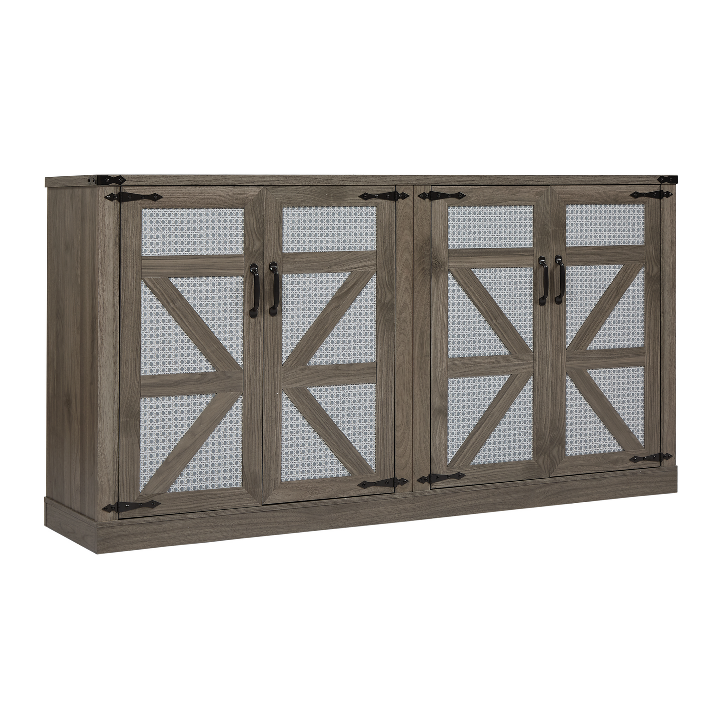 65-Inch Slate Gray Faux Rattan Sideboard with Barn Doors Rustic Sideboard, 4-Door Storage for Living Room, Entryway, Bedroom