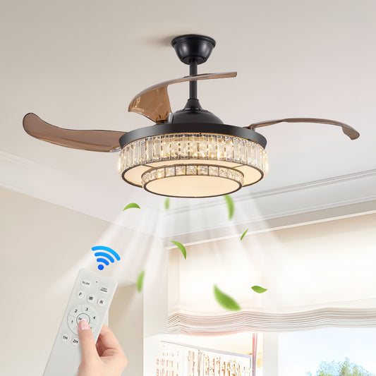 Modern LED retractable ceiling fan with lighting and remote control, silent reversible motor, 4-blade modern ceiling fan