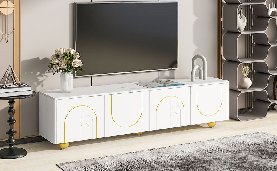 The U-Can modern TV stand is suitable for TVs up to 75 inches with storage cabinets and 1 adjustable marble and metal stand