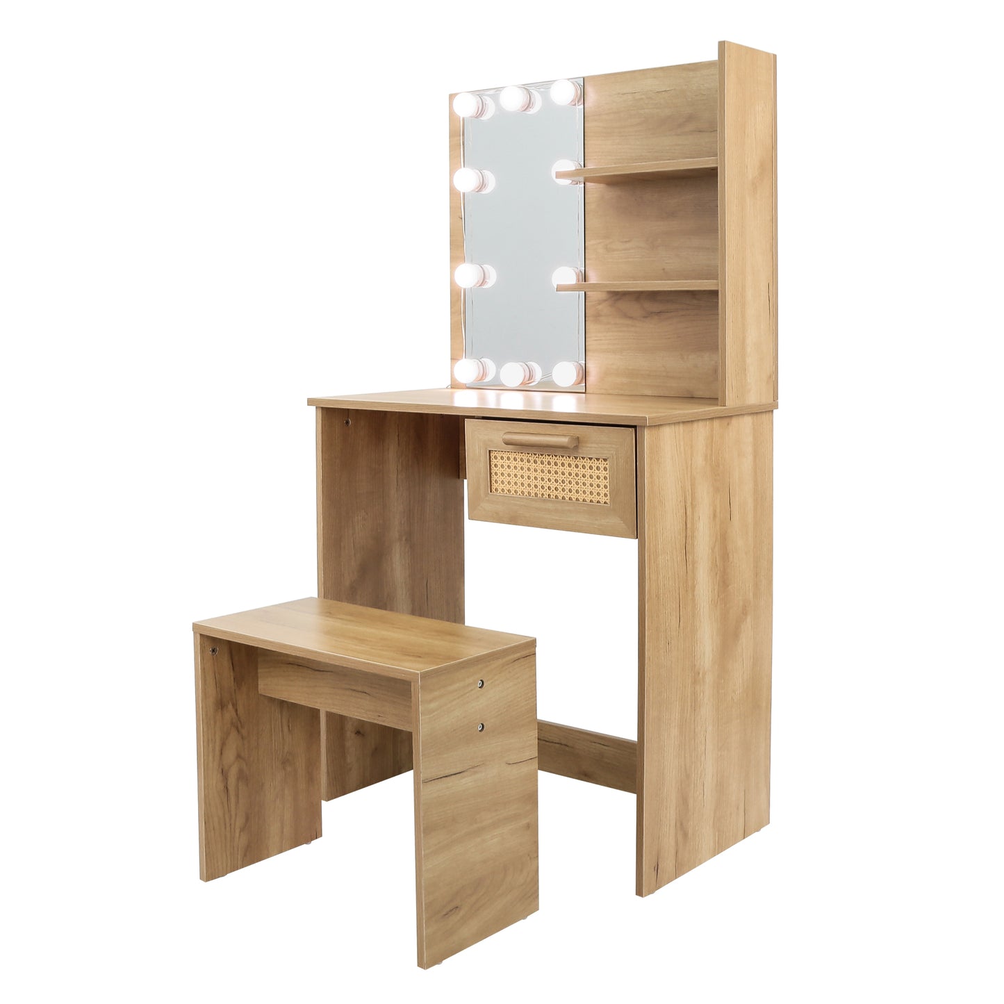 Vanity Desk Set Stool & Dressing Table with LED Lighting Mirror Drawer and Wood Cosmetic Table Chest of Drawers Nature Color