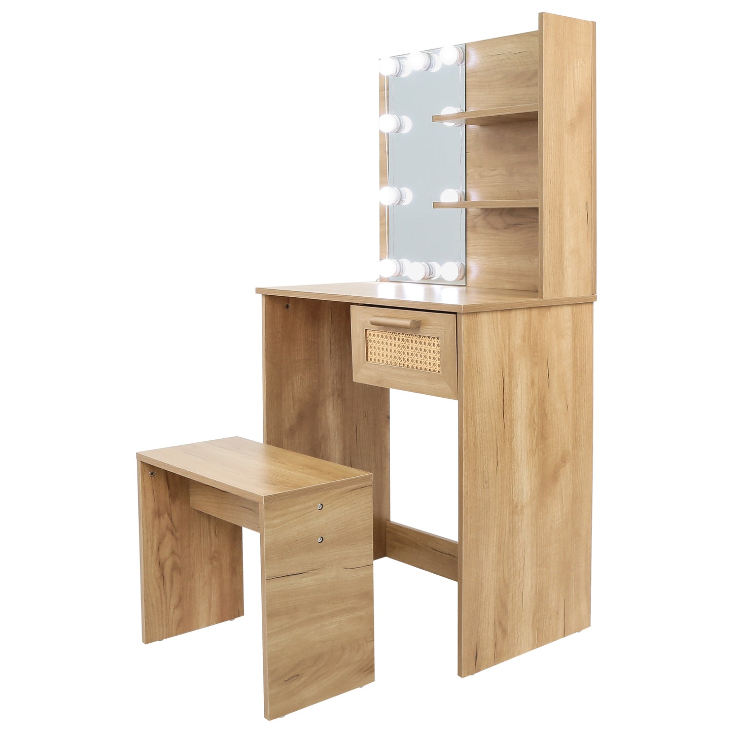 Vanity Desk Set Stool & Dressing Table with LED Lighting Mirror Drawer and Wood Cosmetic Table Chest of Drawers Nature Color