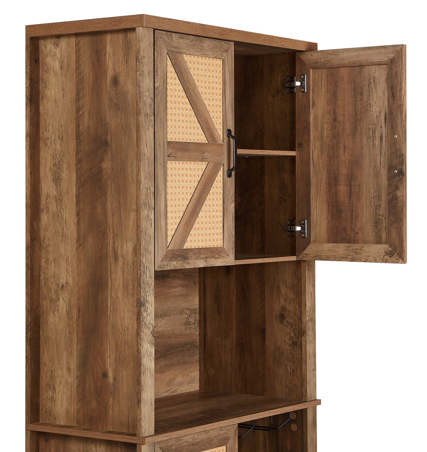 76-Inch Tall Rustic Oak Color Farmhouse Kitchen Faux Rattan Wine Cabinet, Kitchen Bar Cabinet with Square Compartments