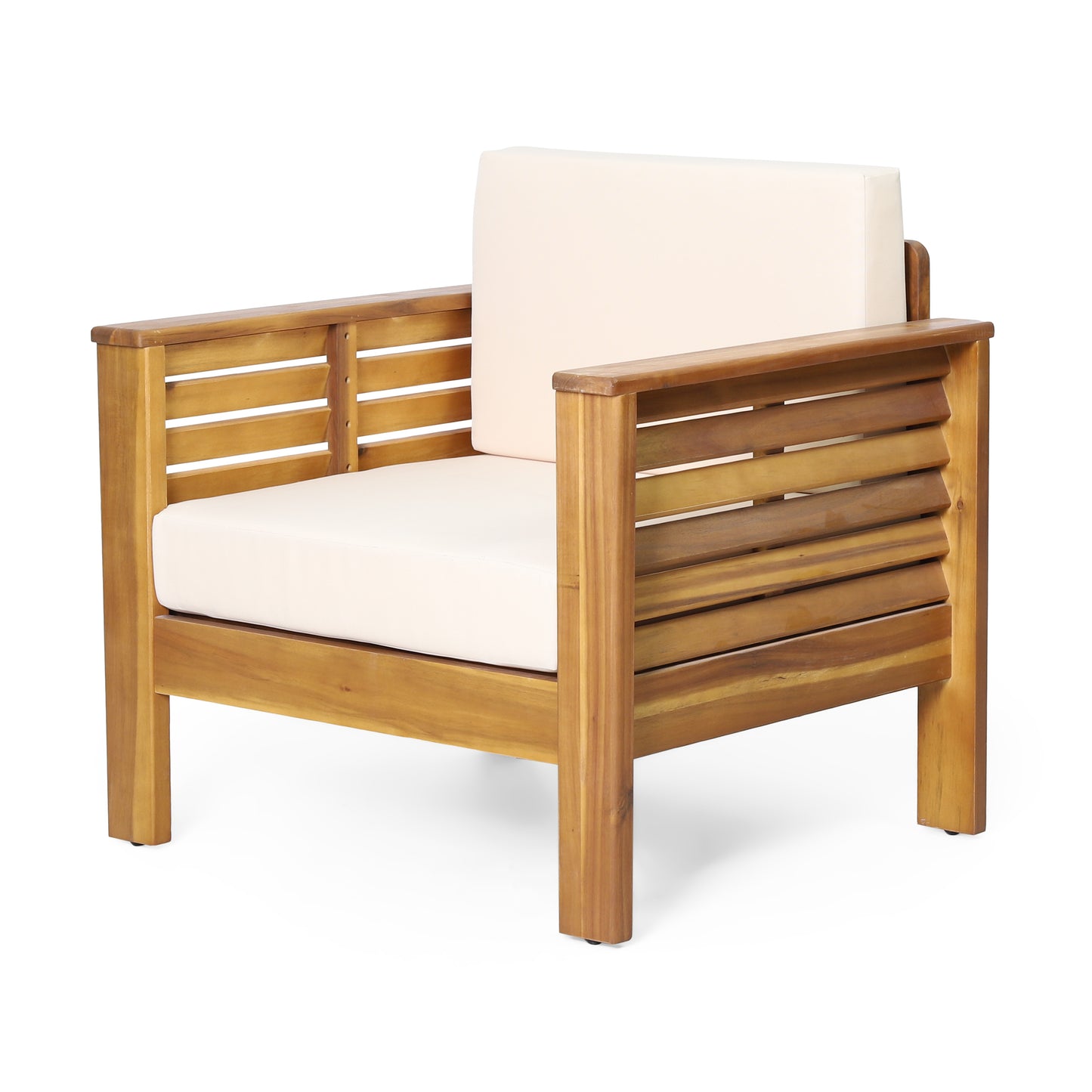 ( Set of 2) Outdoor Acacia Wood Club Chairs with Cushions, Teak+Beige, 27.75"D x 32"W x 27.75"H