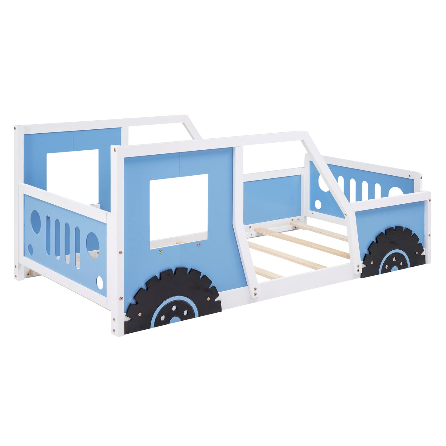 Twin Size Classic Car-Shaped Platform Bed with Wheels Blue