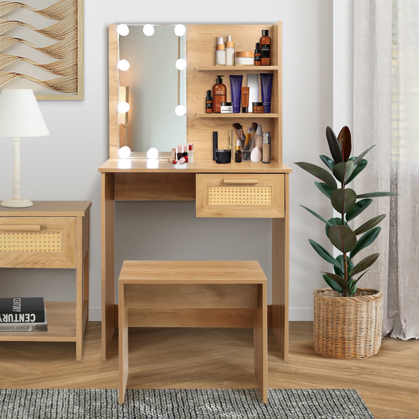 Vanity Desk Set Stool & Dressing Table with LED Lighting Mirror Drawer and Wood Cosmetic Table Chest of Drawers Nature Color