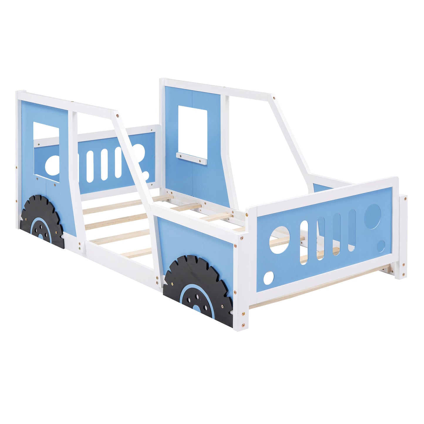 Twin Size Classic Car-Shaped Platform Bed with Wheels Blue