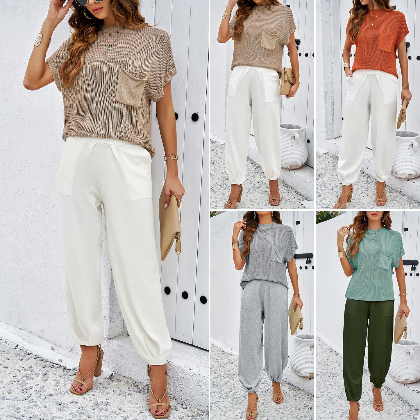 Women's Spring/Summer Casual Solid Color Woolen Pants Set