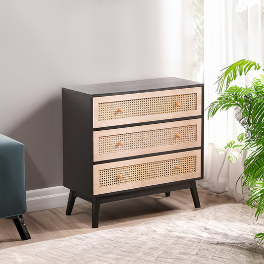 31.5 "3-Drawers Rattan Storage Cabinet Rattan Drawer,for Bedroom,Living Room,Natural drawer and black panel