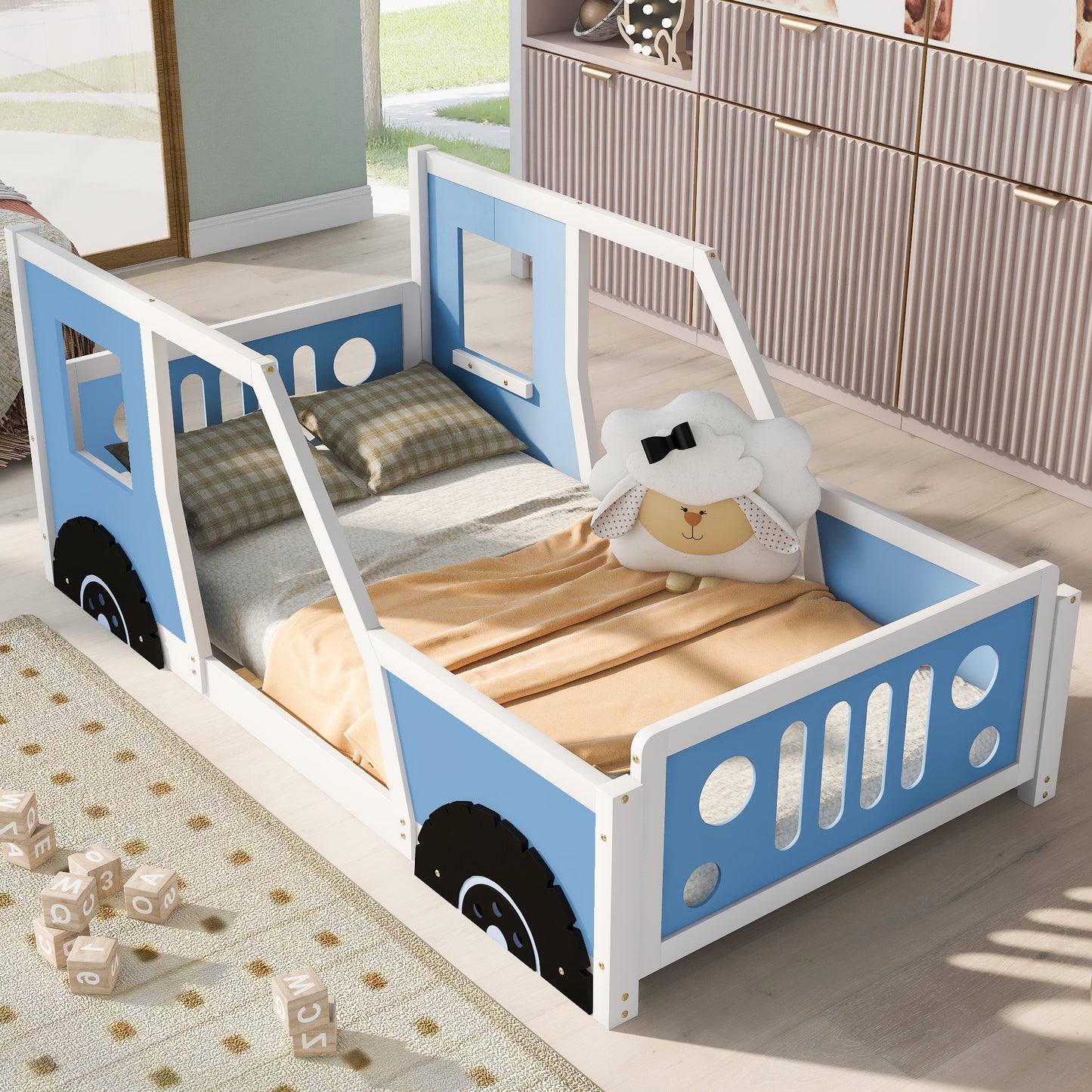 Twin Size Classic Car-Shaped Platform Bed with Wheels Blue