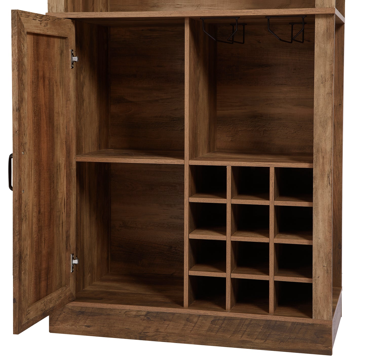 76-Inch Tall Rustic Oak Color Farmhouse Kitchen Faux Rattan Wine Cabinet, Kitchen Bar Cabinet with Square Compartments