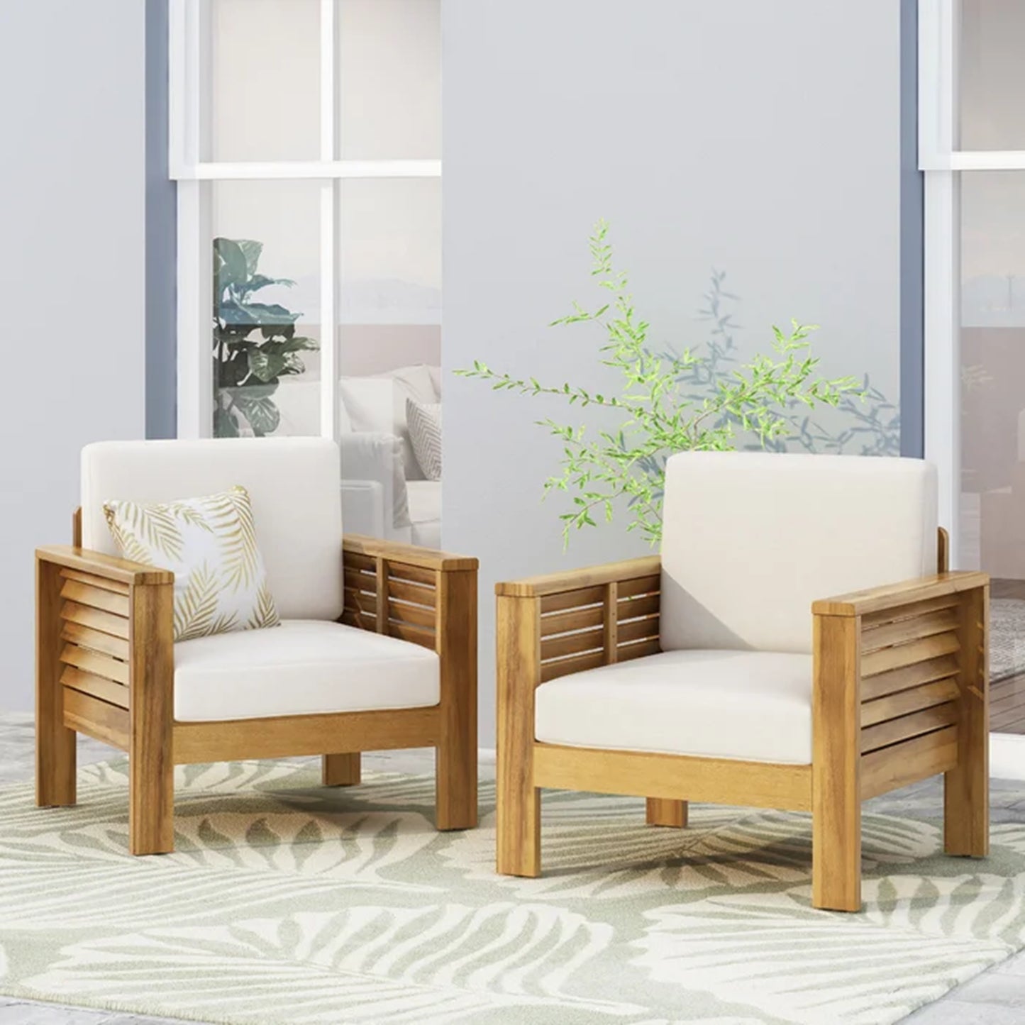 ( Set of 2) Outdoor Acacia Wood Club Chairs with Cushions, Teak+Beige, 27.75"D x 32"W x 27.75"H