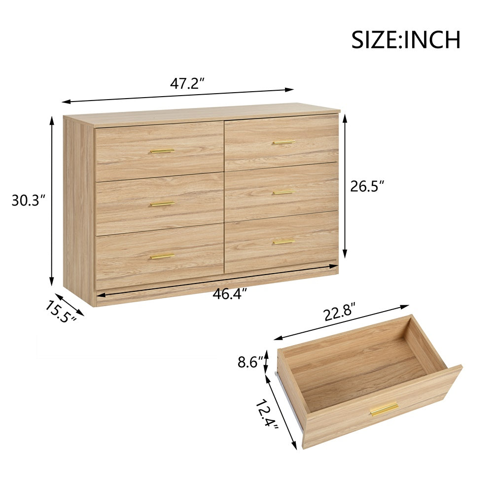 Modern Natural 6-Drawer Dresser for Bedroom - Ample Storage Wide Chest of Drawers, Sturdy & Safe