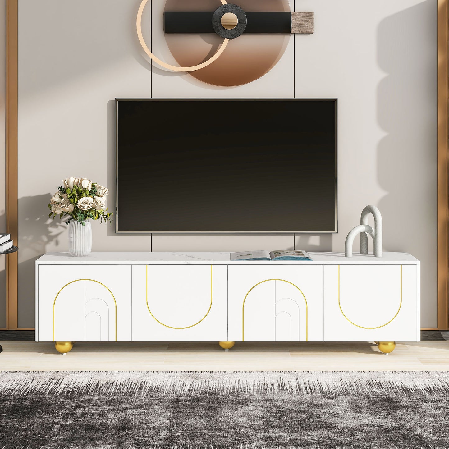 The U-Can modern TV stand is suitable for TVs up to 75 inches with storage cabinets and 1 adjustable marble and metal stand