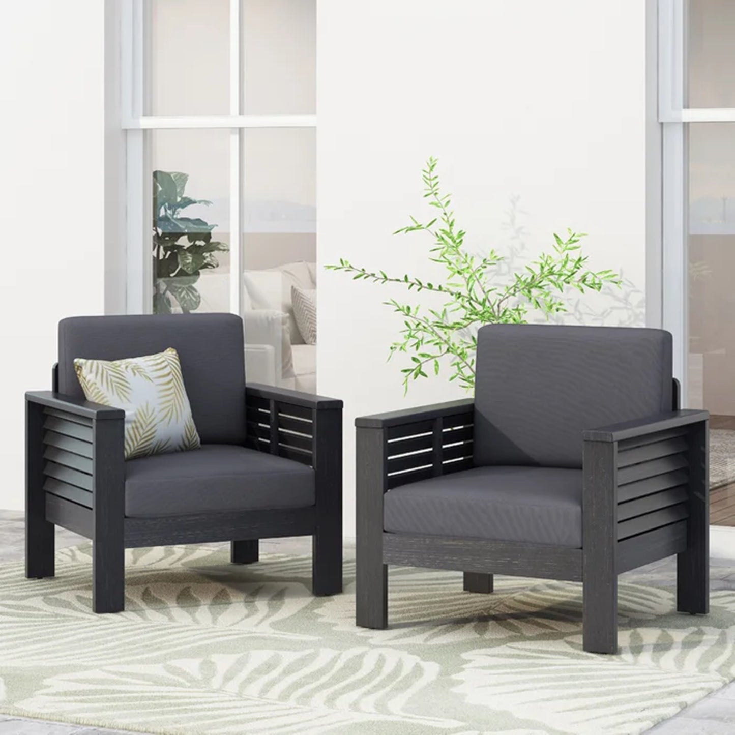 ( Set of 2) Outdoor Acacia Wood Club Chairs with Cushions, Dark Gray, 27.75"D x 32"W x 27.75"H