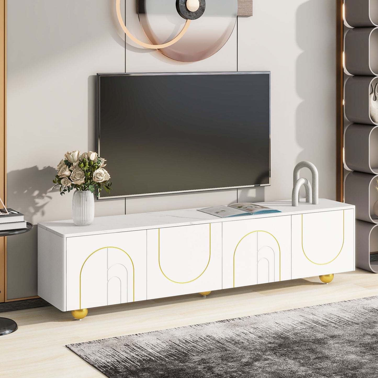 The U-Can modern TV stand is suitable for TVs up to 75 inches with storage cabinets and 1 adjustable marble and metal stand