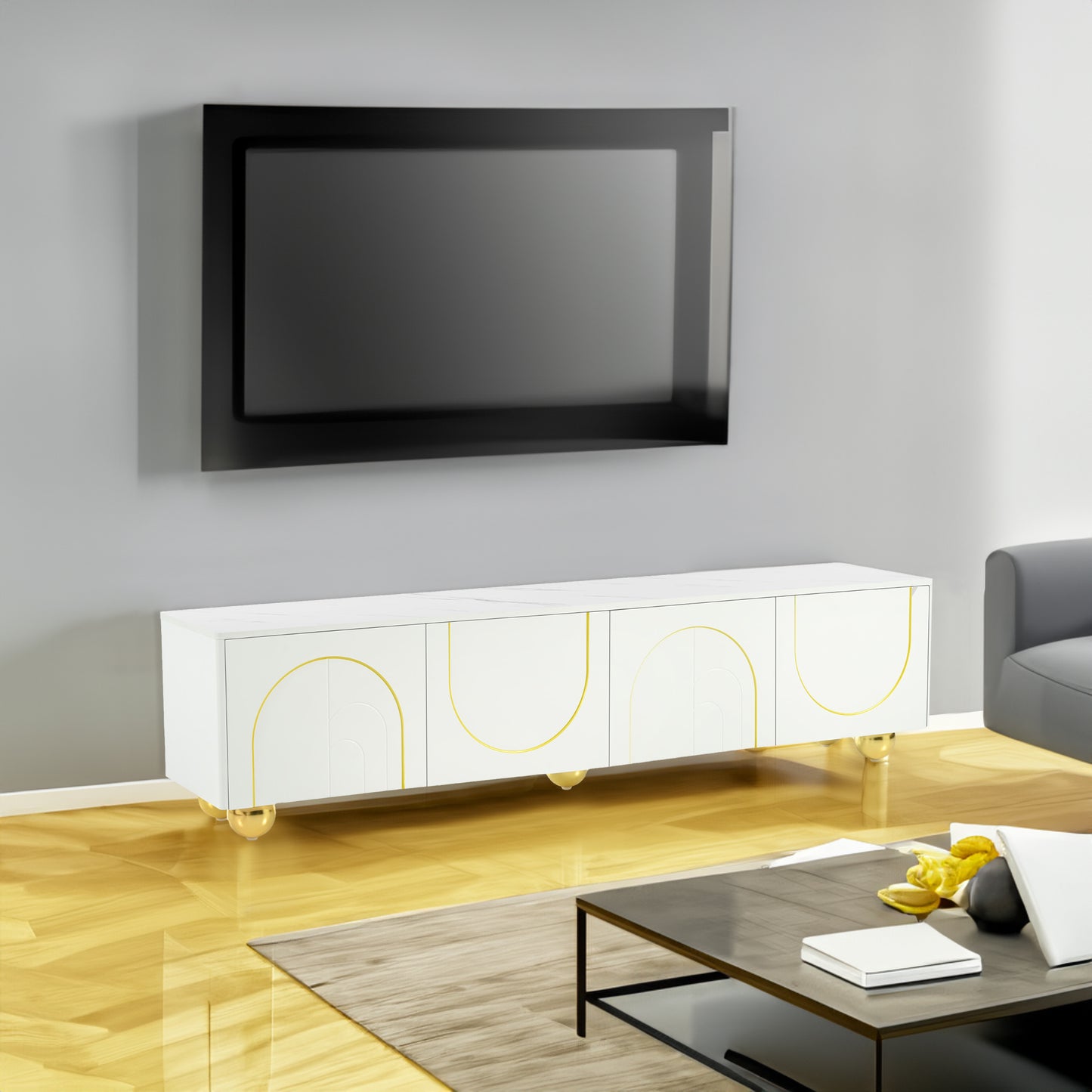 The U-Can modern TV stand is suitable for TVs up to 75 inches with storage cabinets and 1 adjustable marble and metal stand