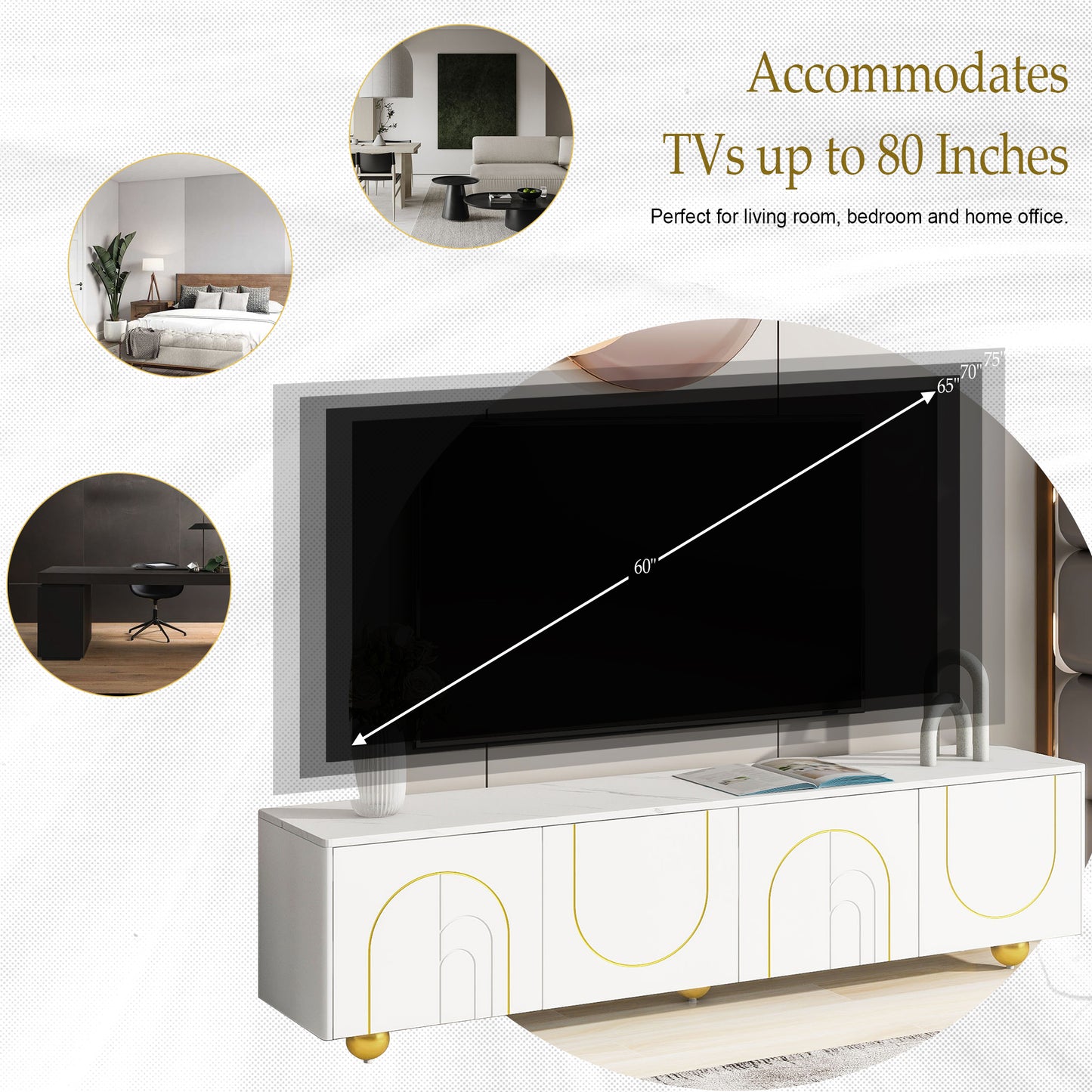 The U-Can modern TV stand is suitable for TVs up to 75 inches with storage cabinets and 1 adjustable marble and metal stand