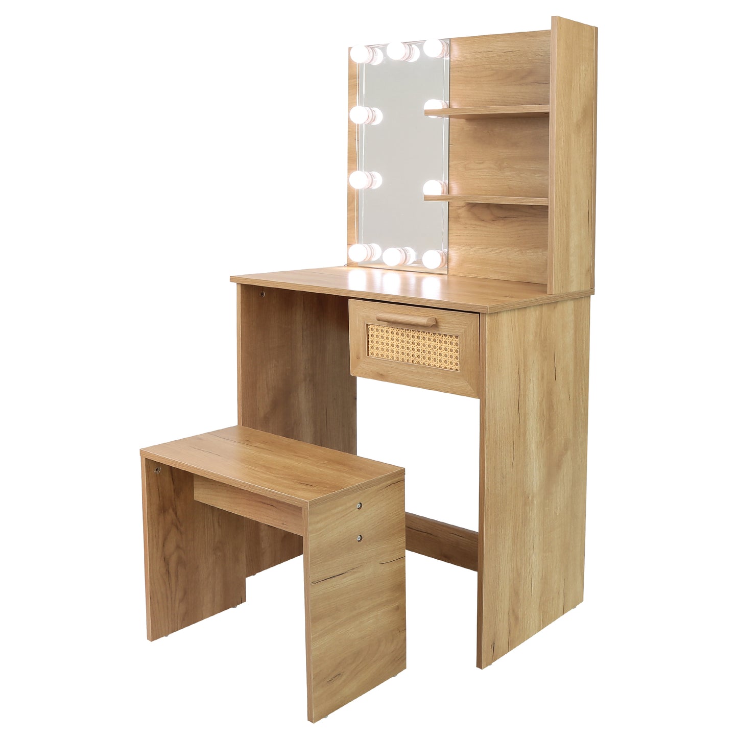 Vanity Desk Set Stool & Dressing Table with LED Lighting Mirror Drawer and Wood Cosmetic Table Chest of Drawers Nature Color