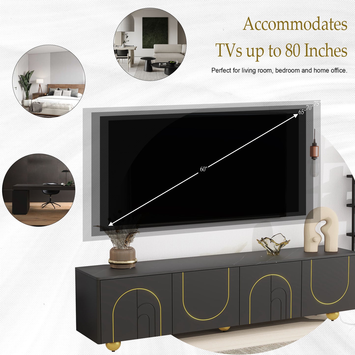 U-Can modern TV stand is suitable for TVs under 75 inches and comes with a storage cabinet top marble pattern and circular stand